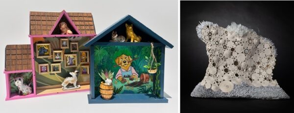 shadow box artworks featuring dogs, and a sculptural representation of marine coral