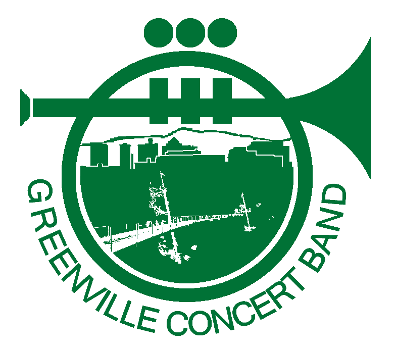 Bright green Greenville Concert Band logo shows a stylized trumpet against a bridge and skyline