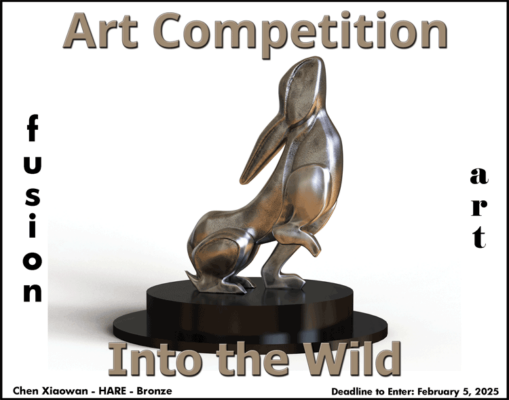 Art competition: Into the Wild. HARE by Chen Xiaowan, a bronze sculpture of a rabbit on a pedestal.