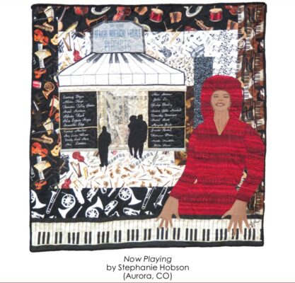 A quilt called "Now Playing" by Stephanie Hobson (Aurora, CO) shows a woman in red playing piano.