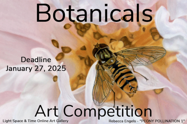 Botanicals art competition. Peony Pollination 1, painting by Rebecca Engels. A bee on a pink flower.