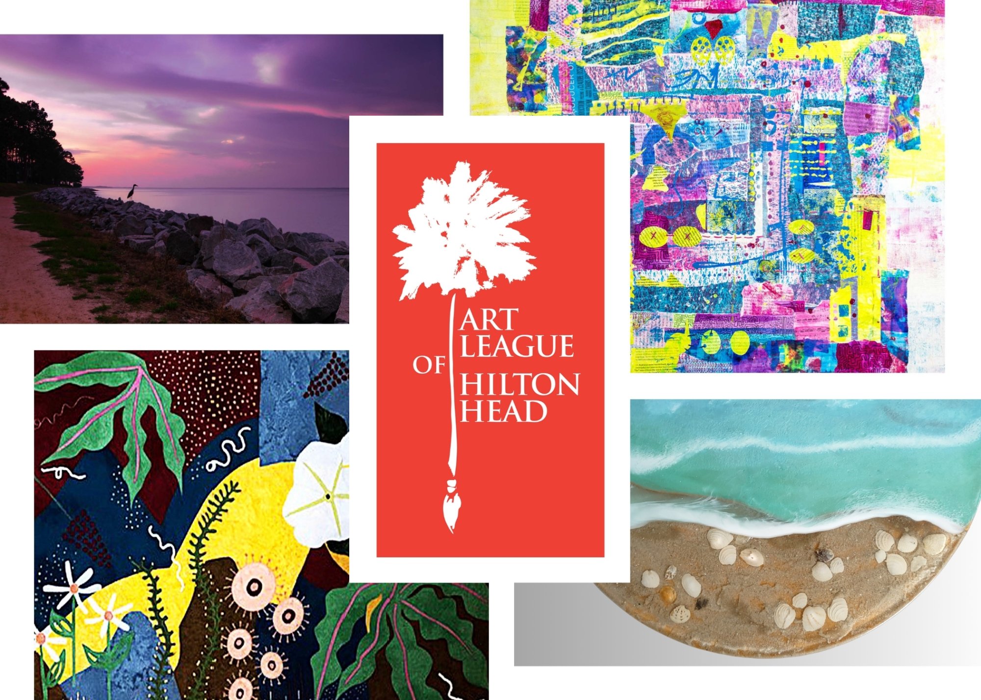 A collage of various artworks from the Art League of Hilton Head.