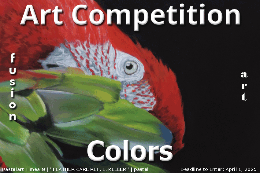 "Colors" art competition ad features a colorful pastel work of a parrot.