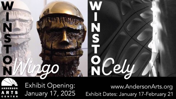 A bronze sculpture of a head by Winston Wingo, and a still from a film by Winston Cely.